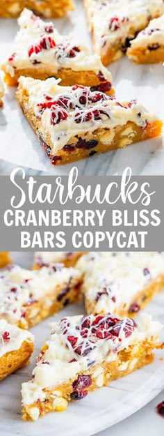 cranberry bliss bars with white frosting and cranberries in the middle