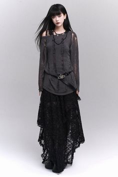 ❤︎ Black Lace Irregular Skirt❤︎ Long Black Lace Skirt, Witchy Outfits, Backless Sweater, Irregular Skirt, Black Skirts, Black Lace Skirt, Lazy Style, Lace Layers, Layered Skirt