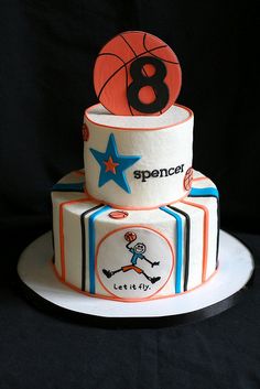 a three tiered cake decorated with basketballs, stars and the number eight on top