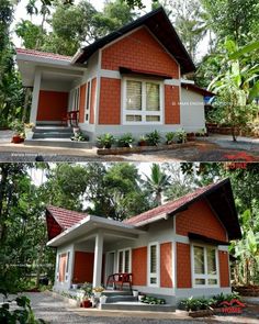 two pictures of the same house in different stages of being painted red and white, one is