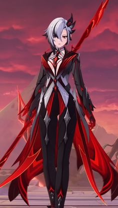 an anime character with long white hair and red cape standing in front of a sunset