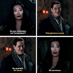 the addams in maleficent are talking to each other with captions below