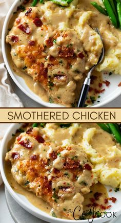 smothered chicken with a brown gravy with bacon bits Weekday Dinner Ideas Crockpot, Fall/winter Dinner Ideas, Dinner For 9 People, Winter Family Dinners, Dinner Ideas With Baked Potatoes, Large Family Dinner Recipes, Recipes For Company Dinner, Cold Weather Food Dinner Tonight, Warm Fall Meals