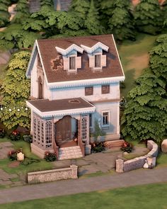 an animated house in the middle of a park with trees and bushes around it,