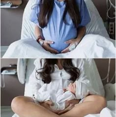 two pictures of a woman sitting in a hospital bed and holding a baby while the other shows her breast