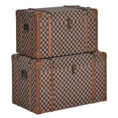 two brown and black suitcases sitting next to each other on top of each other