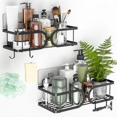 two metal shelves holding various bathroom items and a potted plant on one shelf,