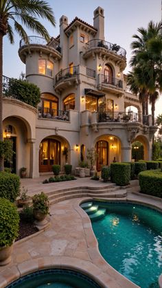 a large house with a swimming pool in the front yard and palm trees around it