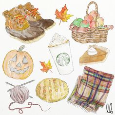 a drawing of various items that include pumpkins, hats, gloves and other things