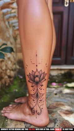 a woman's foot with a flower tattoo on the side of her leg,