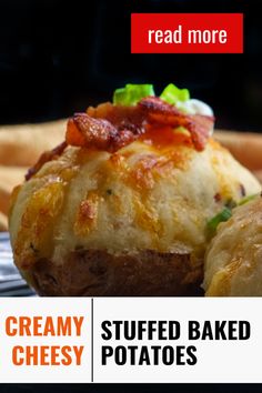 A delicious baked potato with cheese and sour cream toppings, with overlay text "cheesy, creamy stuffed baked potatoes," highlighting a mouthwatering stuffed baked potato recipe. Stuffed Potato Recipes, Puffed Wheat Squares, Chokecherry Jelly, Stuffed Baked Potato, Easy Potatoes, Bake Potato, Potatoes Stuffed, Baked Potato Recipe