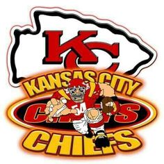 the kansas city chiefs logo is shown in red and yellow with an image of a football player