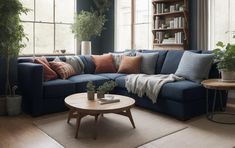 a living room with blue couches and plants on the coffee table in front of large windows