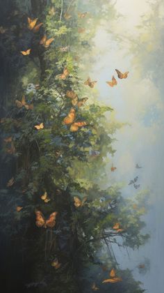 a painting of many butterflies flying in the air