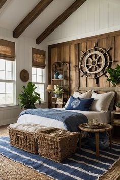 a bedroom with a bed, wicker baskets on the floor and wood paneled walls