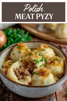 polish meat pyry in a bowl with parsley on the side and text overlay that reads polish meat pyry