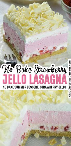 no bake strawberry jello lasagna cake with white frosting and raspberry filling