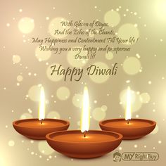 happy diwali greeting card with three lit candles on shiny boket background