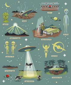 an image of aliens in the sky with stars and other things around them, including a car