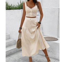 Button Detail Sweetheart Crop Top Maxi Skirt Set S M L Xl, 100% Polyester, Ships In 7-8 Days High Waisted Maxi Skirt Crop Top, Sweetheart Crop Top, Maxi Skirt Crop Top, Maxi Skirt Set, Deep Autumn, Caribbean Cruise, Maxi Skirts, 8 Days, Family Pictures