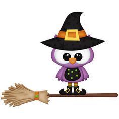 a cute little owl sitting on top of a wooden broom with a witches hat on it's head