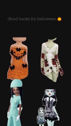 an image of halloween costumes on display with text that reads, good hacks for halloween