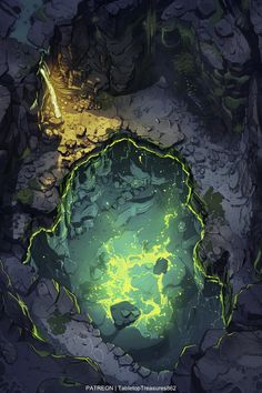 an aerial view of some rocks and water with green light coming from the hole in the middle