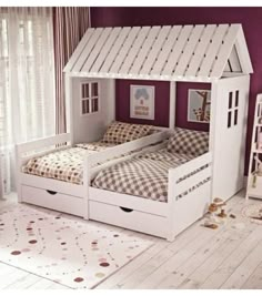 a child's bedroom with two beds and a book shelf