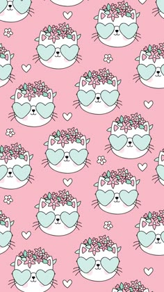 a pink background with many cats and hearts on the top, one is wearing sunglasses