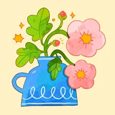 a blue vase filled with pink flowers on top of a yellow background and green leaves