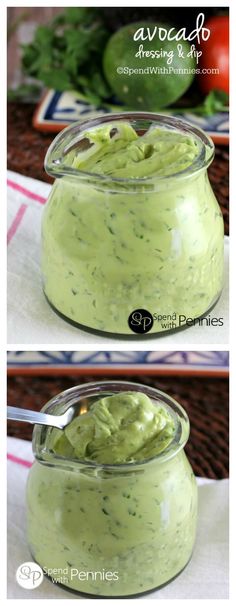 avocado dressing in a small glass jar with a spoon on the side and an image of avocado mayonnaise