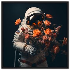 an astronaut with flowers in his hands