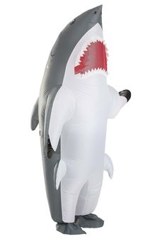 an inflatable shark costume is shown on the back of a man's body