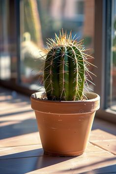 a cactus in a pot sitting on a wooden table next to a glass window with the sun shining through it