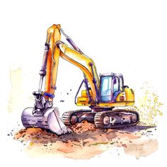 an image of a yellow and black excavator on the ground with dirt