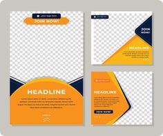 a set of brochures with yellow and blue shapes