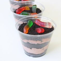 three plastic cups filled with dirt and gummy bears