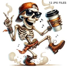 a skeleton holding a cup of coffee and running with music notes on it's side