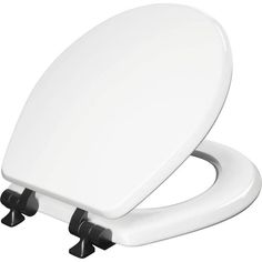 a white toilet seat with two black handles on the side and one in the middle