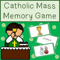 catholic mass memory game for kids with pictures and words on the front, green background