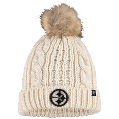 Women's Pittsburgh Steelers '47 Cream Meeko Cuffed Knit Hat Steelers Outfit, Pittsburgh Steelers Hats, Pittsburgh Steelers Shirts, Steelers Gear, Football Outfits, You Rock, Fur Pom Pom, Retail Therapy, Pittsburgh Steelers