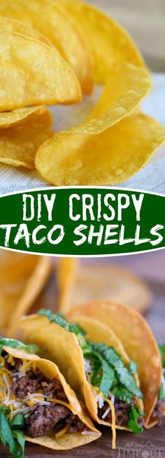 two tacos with chips on the side and a sign that says diy crispy taco shells