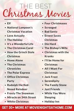 the best christmas movies list for kids and adults with text overlay that reads, holiday movies