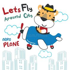 an airplane with a tiger on it flying in the sky above some buildings royalty illustration