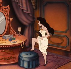 an animated image of a woman in front of a dressing table with a mirror on it