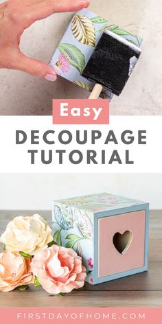 box next to paper flowers and steps of applying Mod Podge to wooden box. Text overlay reads "Easy Decoupage Tutorial". Mod Podge On Wood, Modern Diy Home Decor, Decoupage On Wood, Retirement Diy, Air Dry Clay Crafts, Dry Clay Crafts