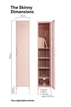 the skinnyy dimensionss is shown with measurements for each compartment and door open to reveal what's inside