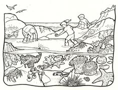 a black and white drawing of people in the wild with animals, plants and birds