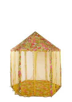 a yellow and pink tent with flowers on the top, sitting in front of a white background