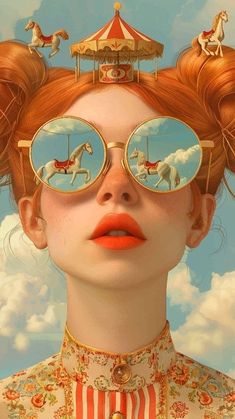 a woman with red hair and glasses on top of her head is looking at the sky